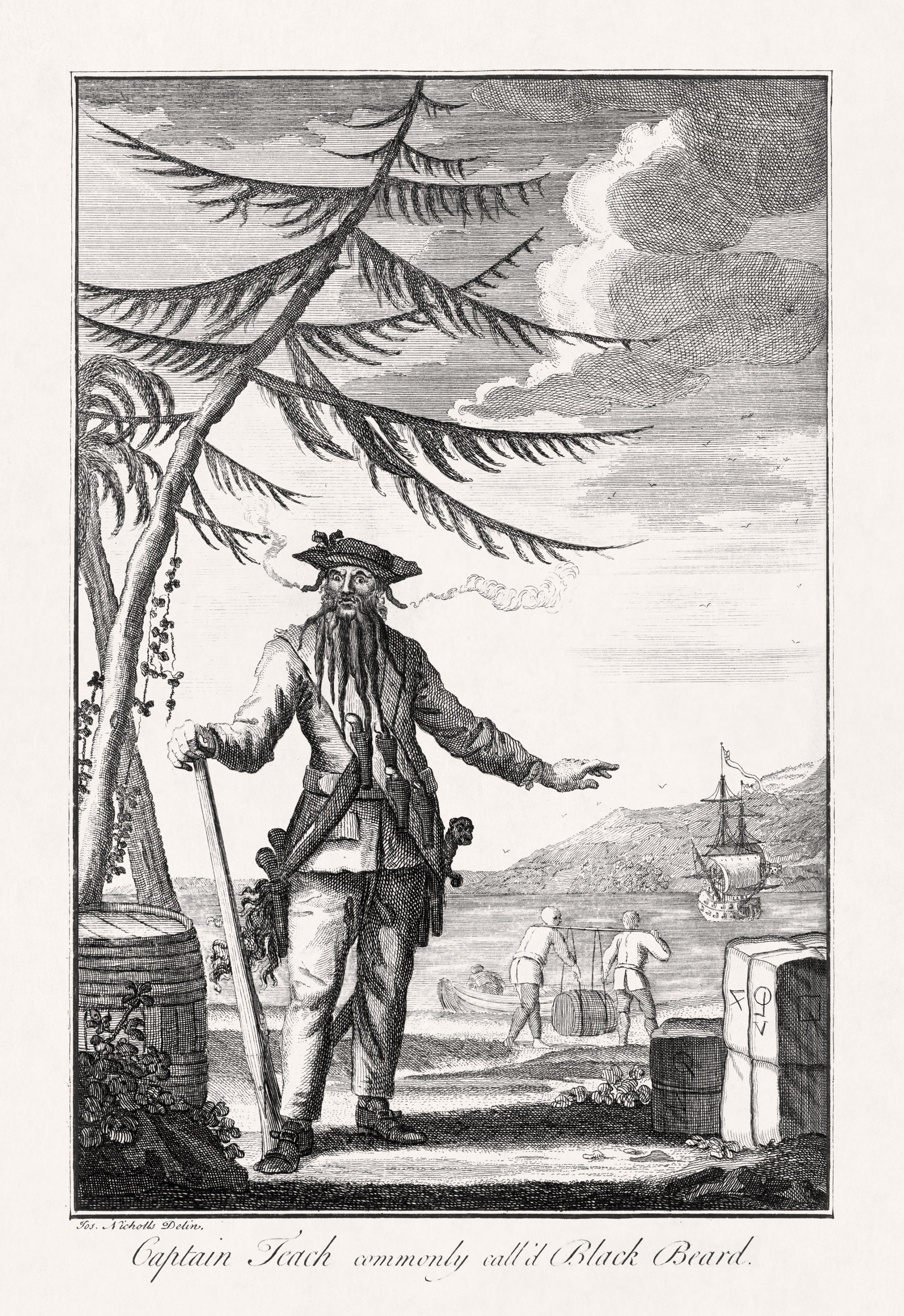 Illustration of Captain Teach alias Black Beard Illustration of Captain Teach alias Black Beard created in 1736 by Joseph Nicholls to illustrate a book about piracy written by Daniel Defoe under his pen name Captain Charles Johnson.
