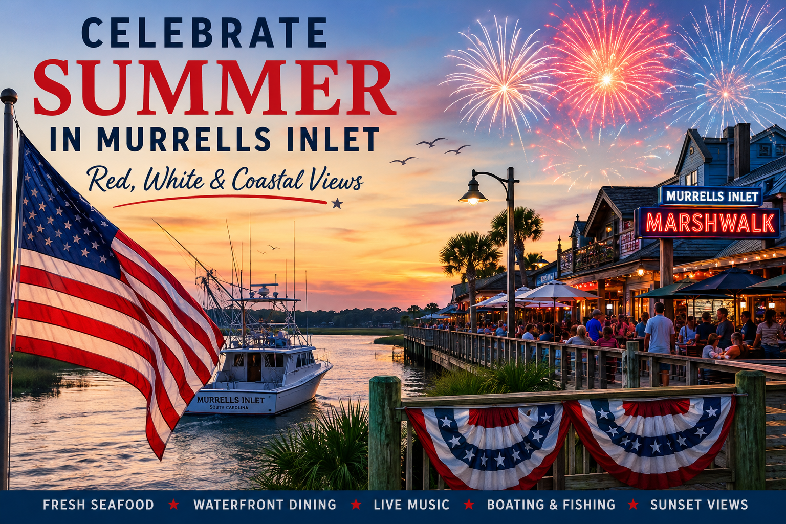 Festive waterfront with boats, flags, and fireworks at sunset, promoting summer in Murrells Inlet.