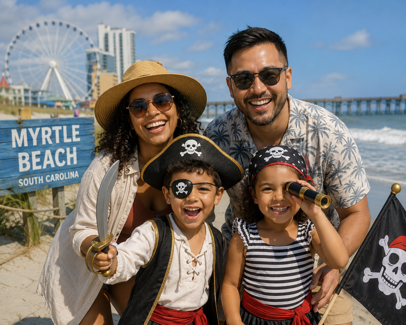 Family in pirate costumes at Myrtle Beach, with pier and Ferris wheel in background.
