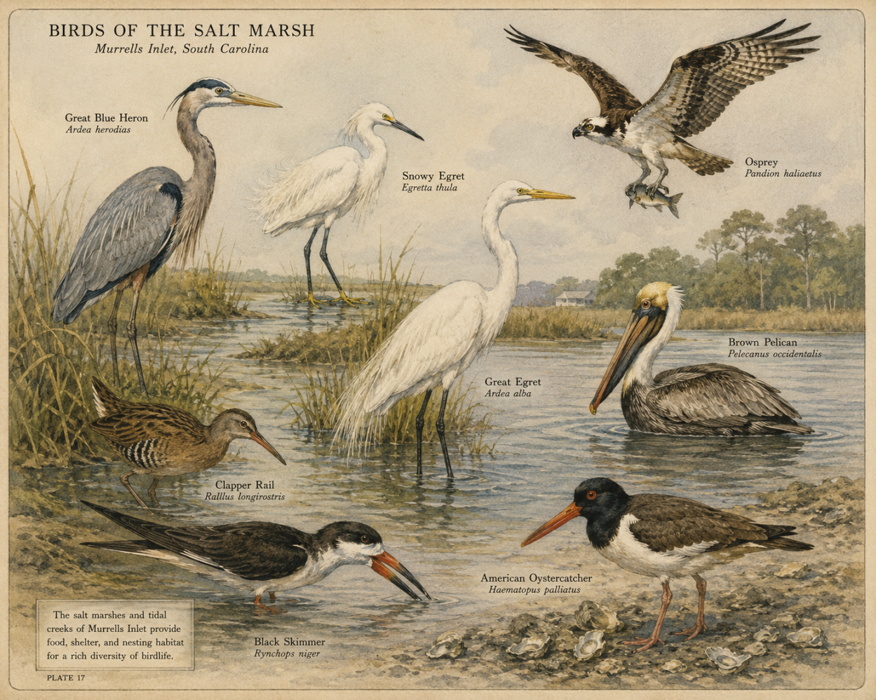 Illustration of various bird species in a salt marsh with labeled names, including herons and pelicans.
