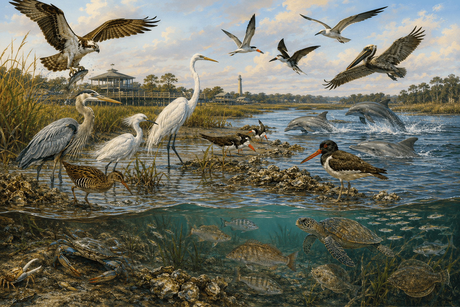Birds and dolphins above water, fish and turtles below in marsh scene.